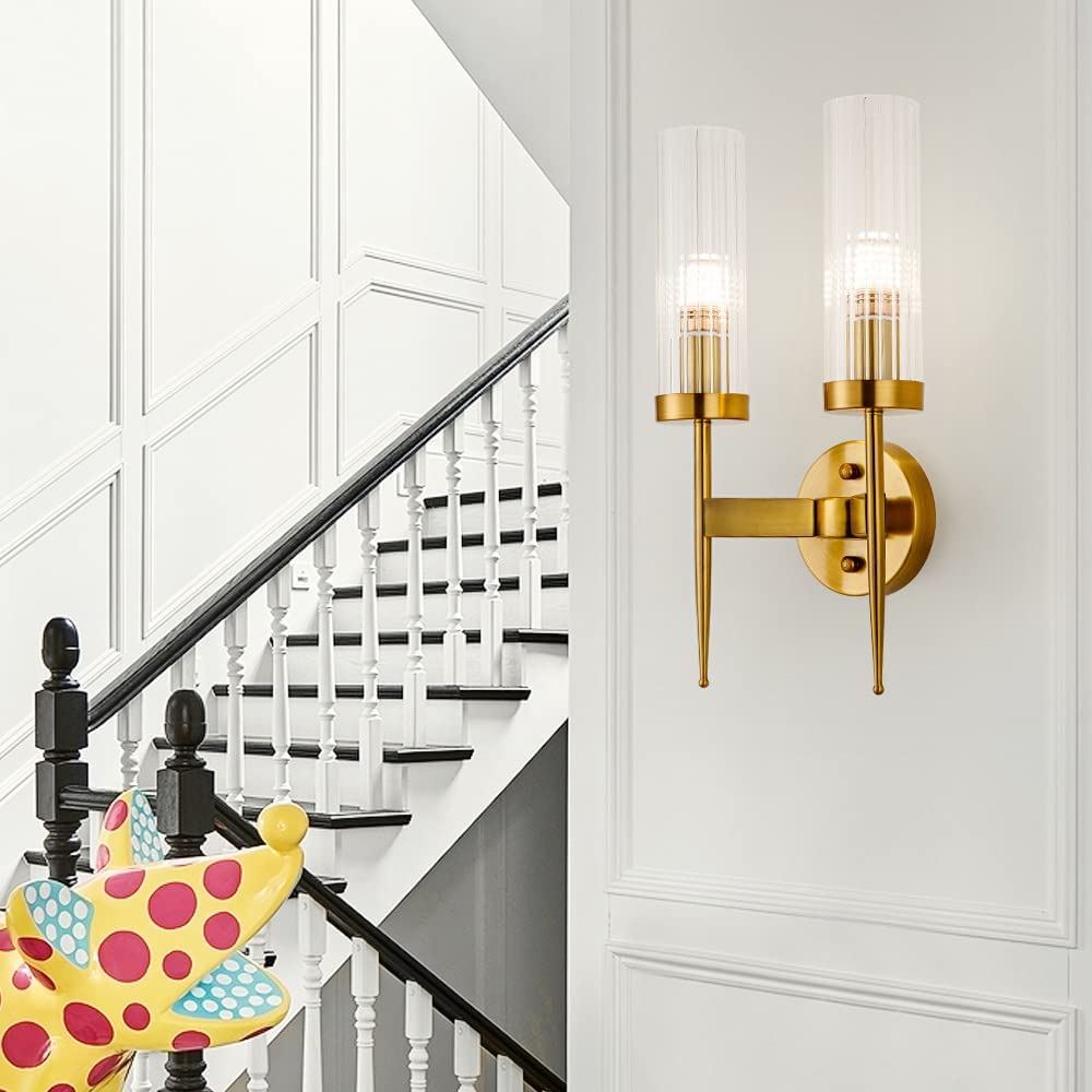 Modern Gold & Ribbed Glass Wall Light | Single & Double Sconce Options | Elegant Accent Lighting