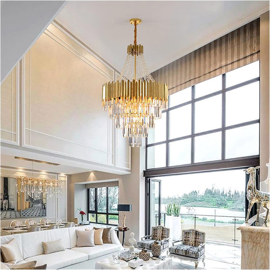 Luxe Dazzle Crystal Chandelier | Grand Gold & Glass Hanging Light for Living Room & Foyer
