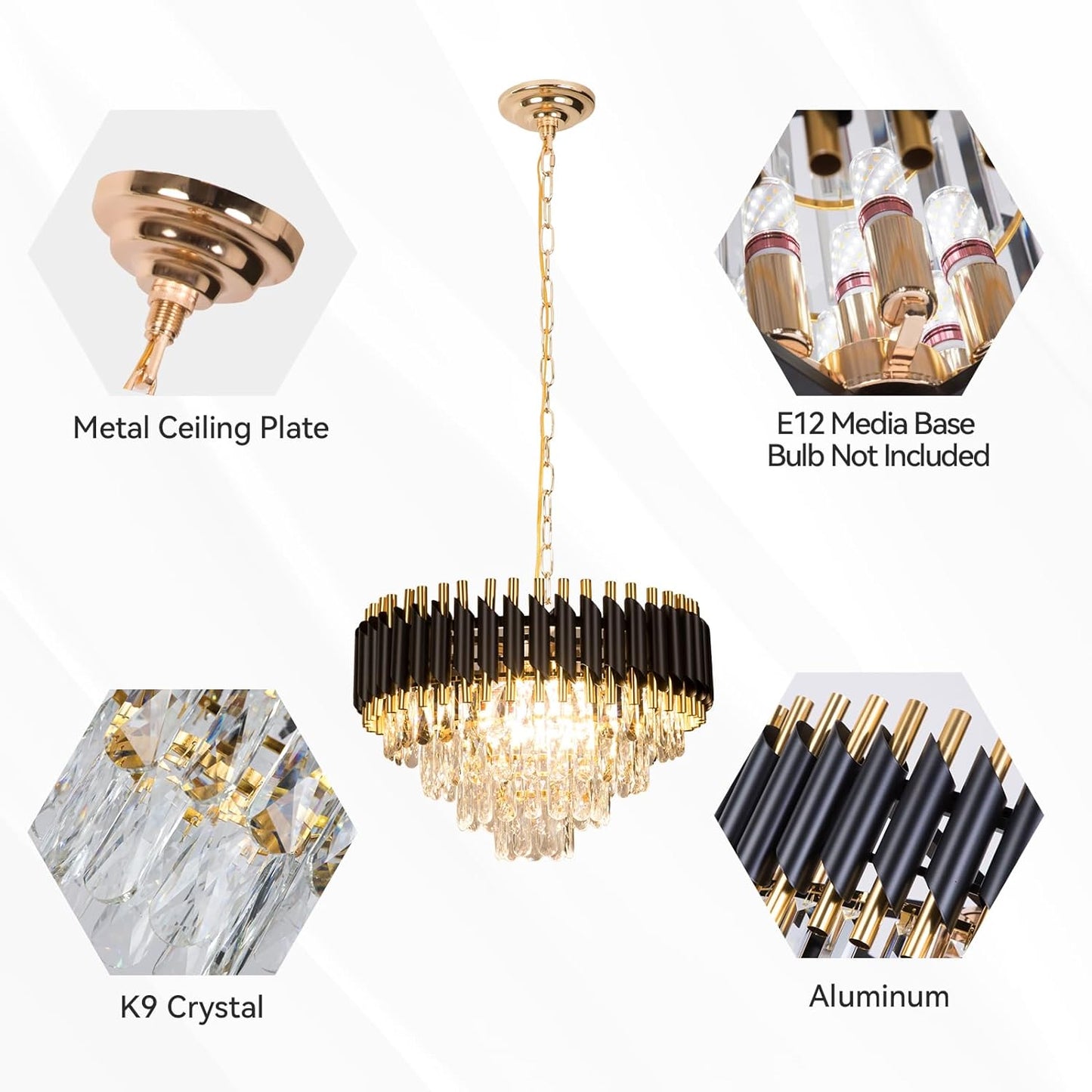 Luxury Black & Gold Crystal Chandelier | Modern Pendant Light | 500mm, 600mm, 800mm