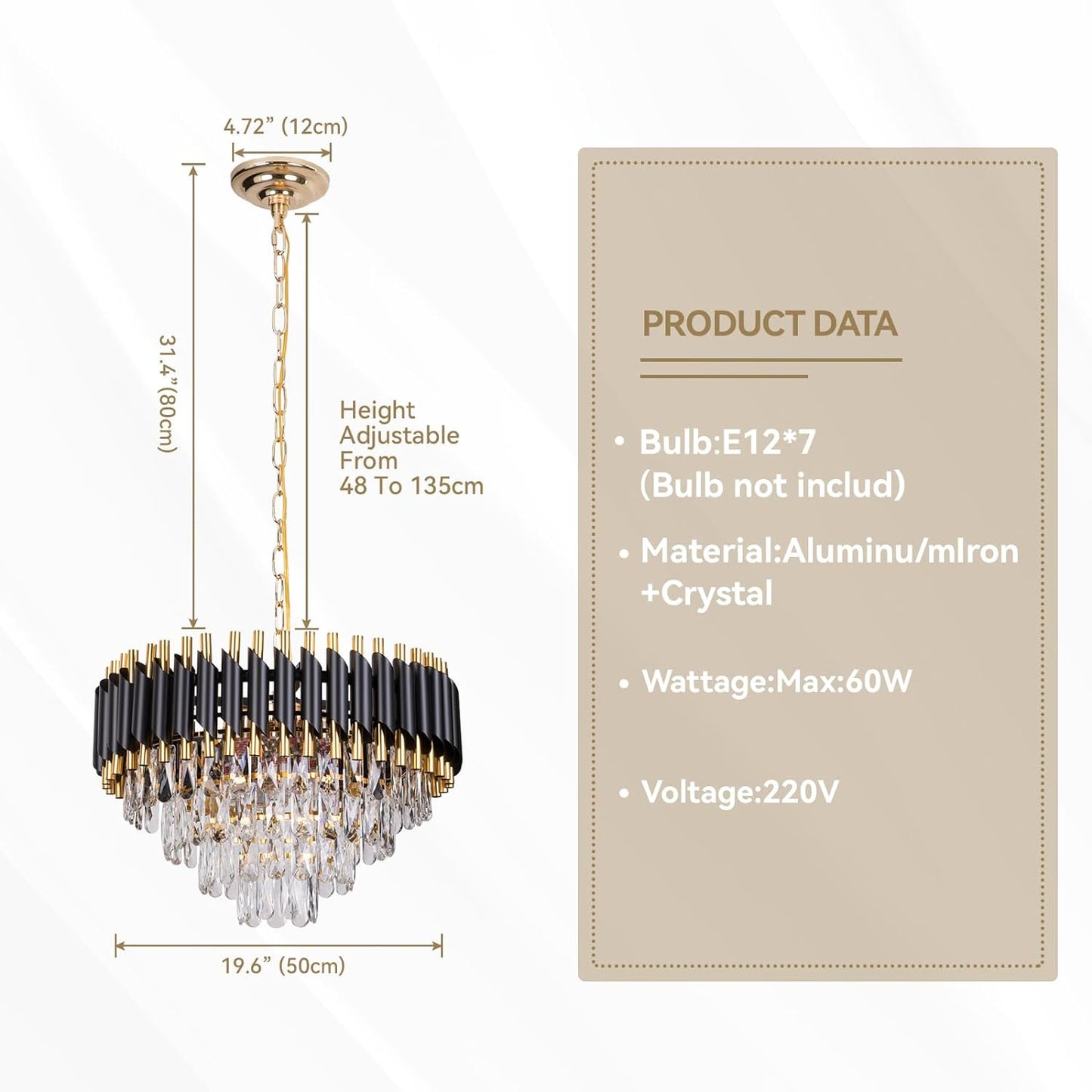 Luxury Black & Gold Crystal Chandelier | Modern Pendant Light | 500mm, 600mm, 800mm