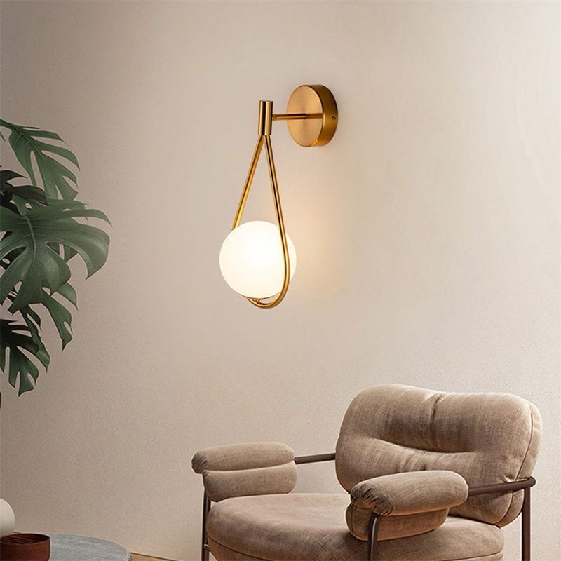 Modern Golden Teardrop Wall Light with Frosted Glass Globe – E26 Wall Sconce for Bedroom, Living Room & Hallway