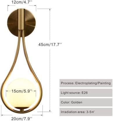 Modern Golden Teardrop Wall Light with Frosted Glass Globe – E26 Wall Sconce for Bedroom, Living Room & Hallway