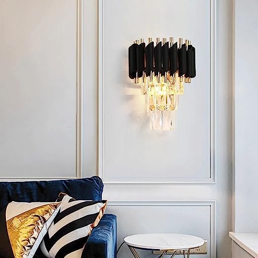 Luxury Crystal Wall Sconce | Black & Gold Modern Wall Light for Living Room & Bedroom