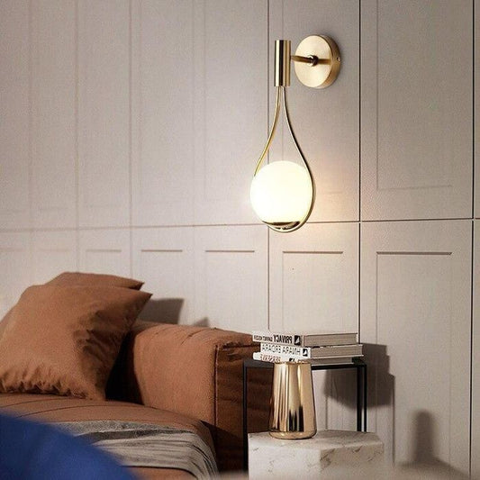 Modern Golden Teardrop Wall Light with Frosted Glass Globe – E26 Wall Sconce for Bedroom, Living Room & Hallway