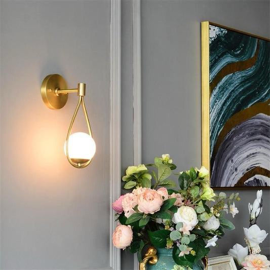 Modern Golden Teardrop Wall Light with Frosted Glass Globe – E26 Wall Sconce for Bedroom, Living Room & Hallway